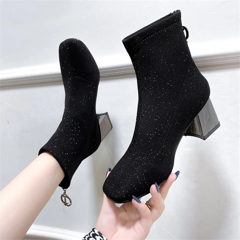 Elastic Sequined Sock Boots for Women - Metal Square Heel - Dhavinci