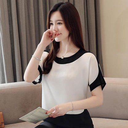 Summer White Chiffon Blouse for Women | O-Neck Short Sleeve Top - Dhavinci