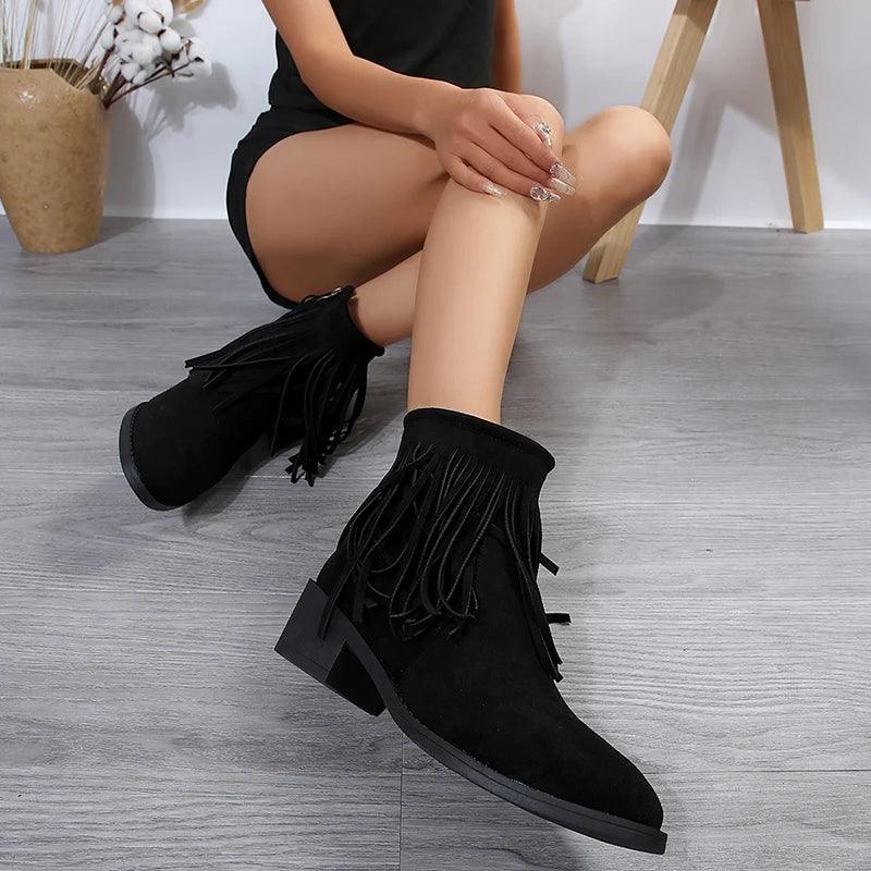 Vintage Fringe Western Cowboy Boots for Women | Faux Suede Ankle Boots - Dhavinci