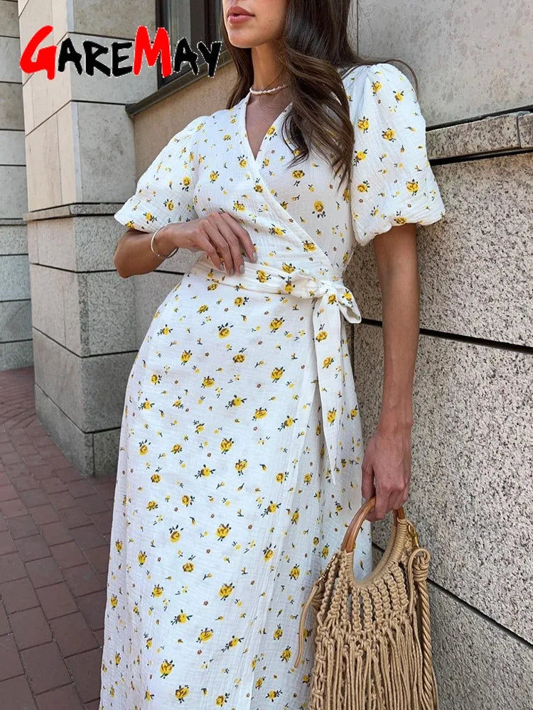 Casual Women's Summer Dresses 100% Cotton Floral Print A-line Midi Dress with Side Slits Long Elegant White Dress for Women 2024 - Dhavinci