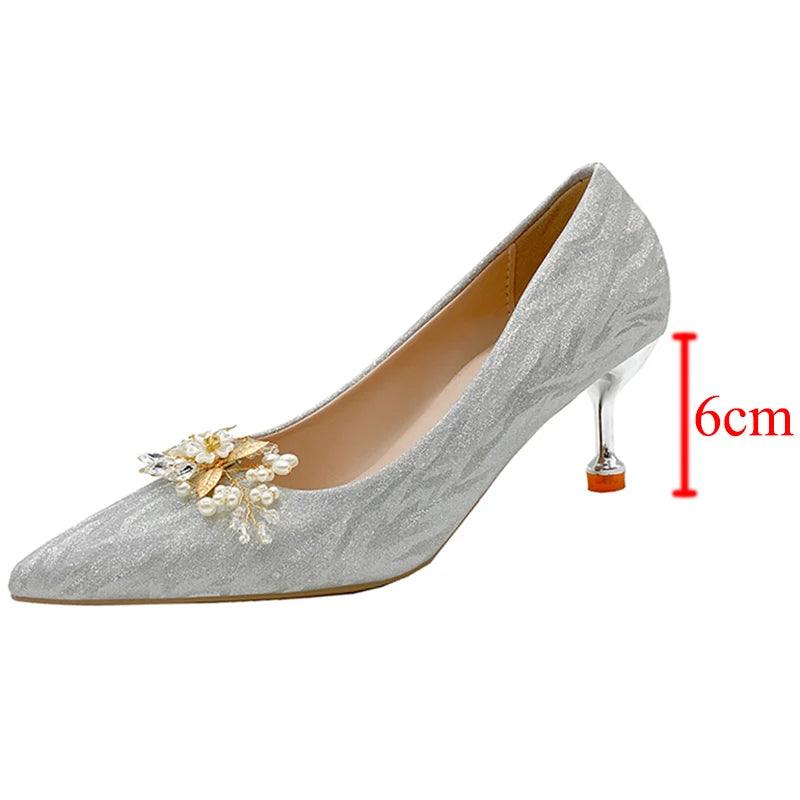 Shiny Buckle Thin Heels Pumps for Women | Pearl Flowers Wedding Party Shoes - Dhavinci