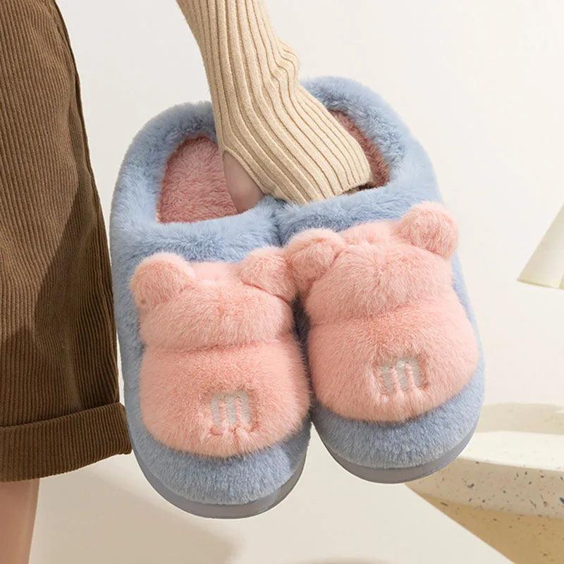 Bear-Themed Fluffy Winter Slippers for Women | Warm Home Shoes - Dhavinci