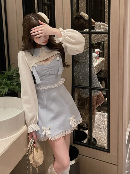 Lace Japanese Sweet Lolita Dress Women Bow Pink Kawaii Party Mini Dresses Female Blue Princess Korean Fashion Dresse Winter 2024 - Dhavinci