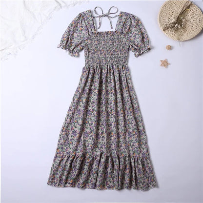 Summer Pleated Women Chiffon Dresses Casual Beach Holiday Short Sleeve Square Collar Woman Midi Dress Bohemian Mujer Vestidos - Dhavinci