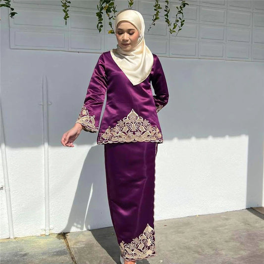 Turkey Ramadan Muslim Set | Satin Baju Kurung with Embroidery - Dhavinci