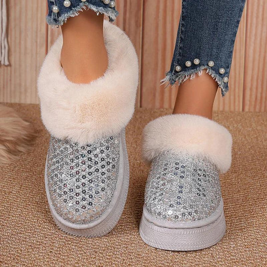 Faux Fur Non-Slip Snow Boots for Women | Bling Sequin Plush Winter Boots - Dhavinci