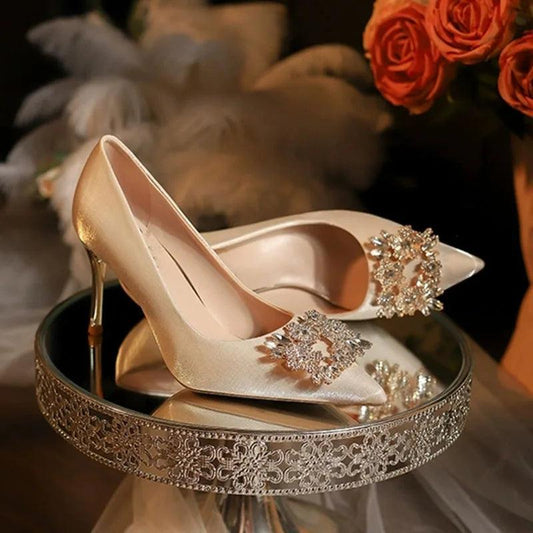 French-Style Wedding Shoes for Brides - Crystal Thin Heels Pumps - Dhavinci