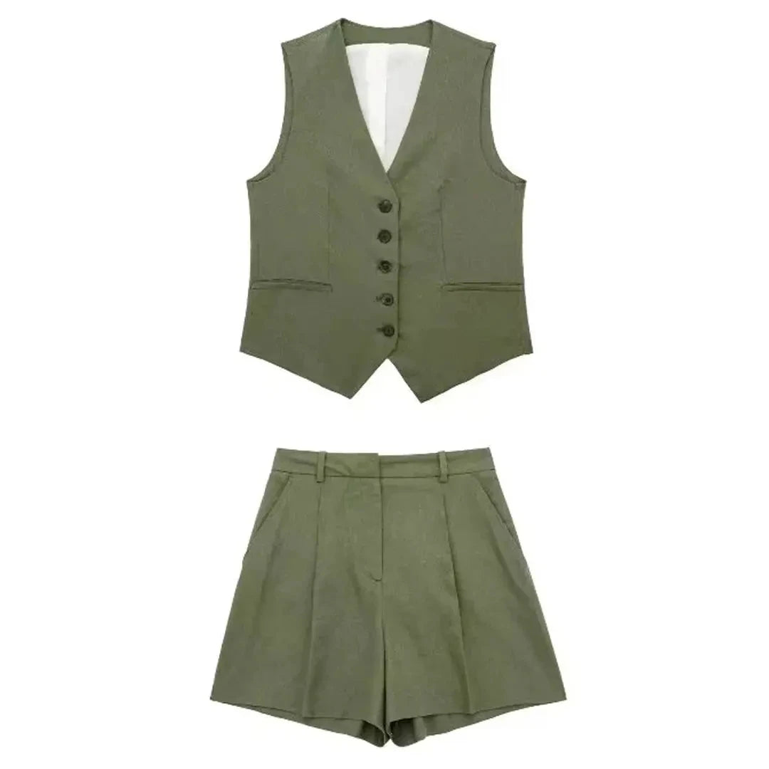 Vintage Women’s Pant Set | V-Neck Waistcoat & Slim Zipper Shorts Suit - Dhavinci