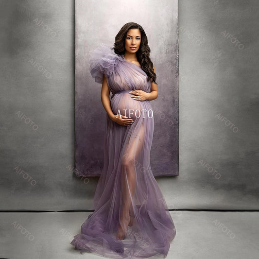 Maternity Photography Props Dresses One Shoulder Tulle Sexy See Thru Mesh Gowns Pregnancy Photo Shoot Women's Split Long Dress - Dhavinci