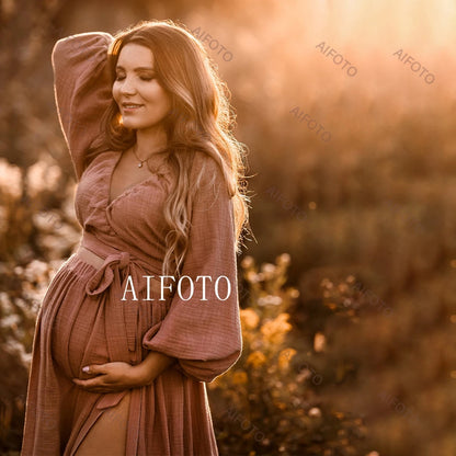 Linen Cotton Pregnant Women's Boho Two-Pieces Dress Pregnancy Photo Shoot Props Maternity Gown Vintage Top And Skirt Baby Shower - Dhavinci