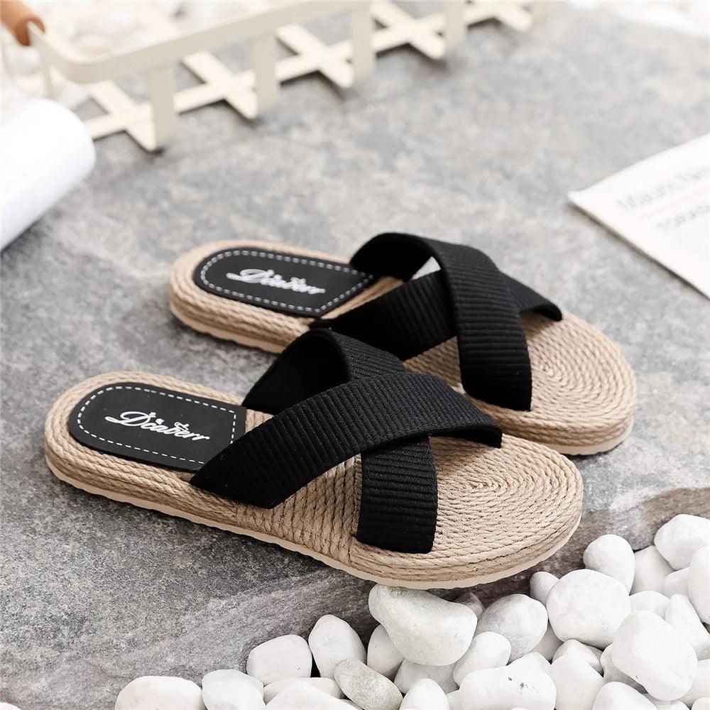 Ladies Summer Cross Drag Slippers | Fashion Hemp Rope Casual Sandals - Dhavinci