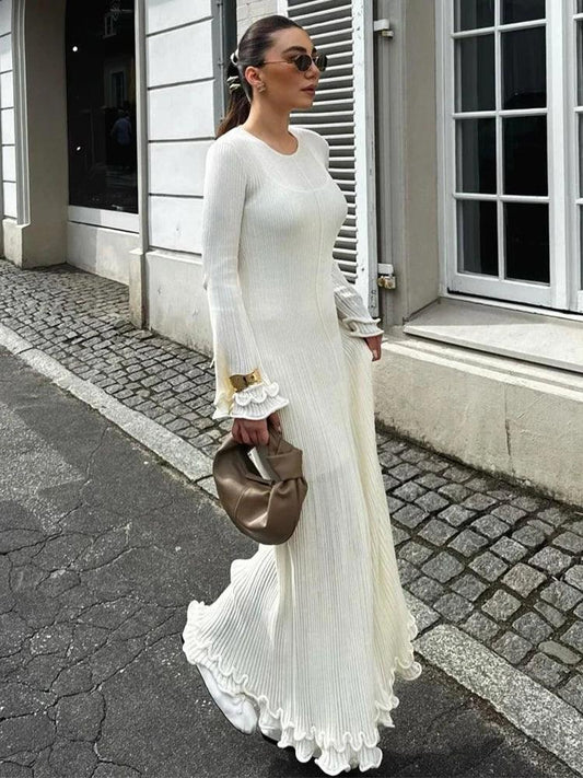 Elegant Ruffle Hem Knit White Long Dress for Women | Backless Bandage Dress - Dhavinci