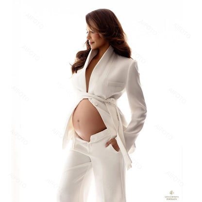 White OL Suit Maternity Photoshoot Outfit Suit Lace Up Long Sleeve Blazer Clothes Chic Chest Chain For Pregnant Women Photograph - Dhavinci