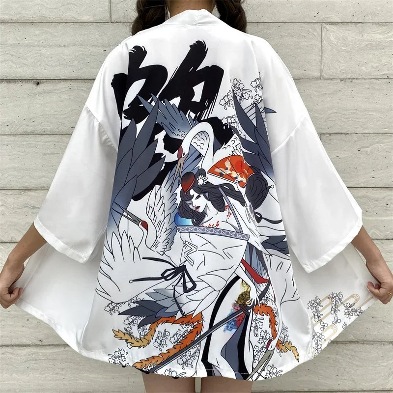 Bebovizi Japanese Style Flaming Phenix Print Cardigan Kimono Harajuku Women Men Sexy Yukata Female Streetwear Traditional Haori - Dhavinci