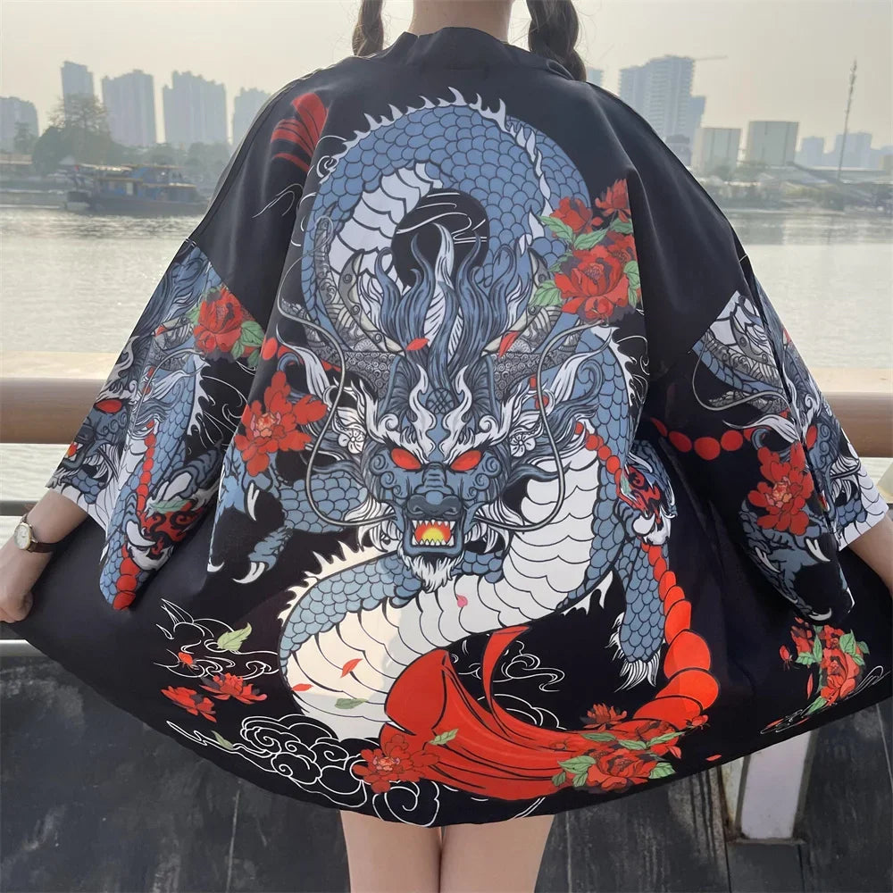 Bebovizi Japanese Style Flaming Phenix Print Cardigan Kimono Harajuku Women Men Sexy Yukata Female Streetwear Traditional Haori - Dhavinci