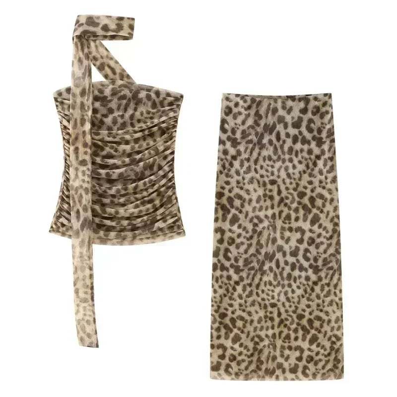 Women’s 2-Piece Tulle Leopard Set | Pleated Top & High Waist Midi Skirt - Dhavinci