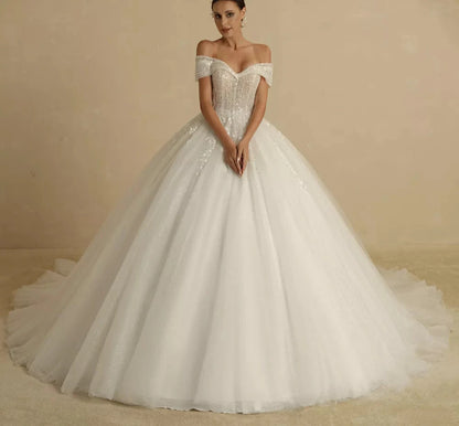 Ivory Beading Princess Wedding Dress | Off-Shoulder Glitter Bridal Gown - Dhavinci