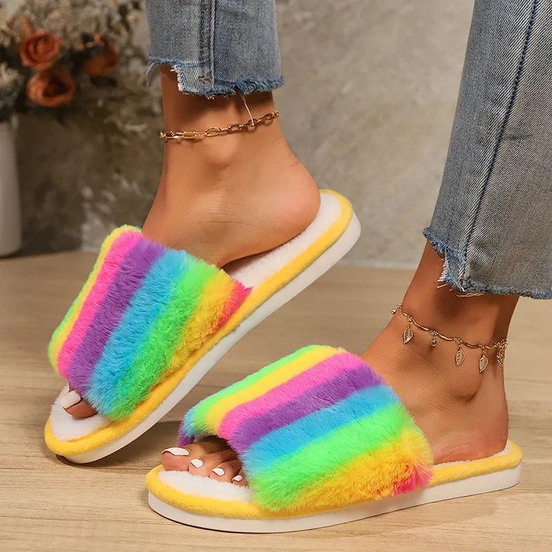 Mix Color Faux Fur Slippers for Women | Rainbow Plush House Shoes - Dhavinci