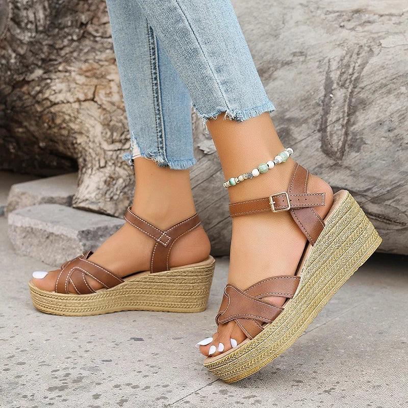 Fashion Weave Wedge Heel Sandals for Women | Leather Chunky Platform Shoes - Dhavinci