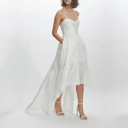 Short Front Long Back Wedding Dress Little White Bachelorette Party Dress Spaghetti Strap Taffeta Bridal Gown - Dhavinci