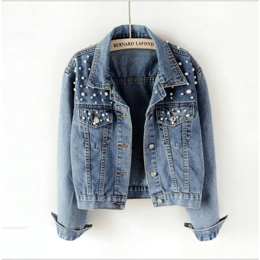 Trendy Women's Beaded Pearl Denim Jacket | Loose Fit for Spring - Dhavinci