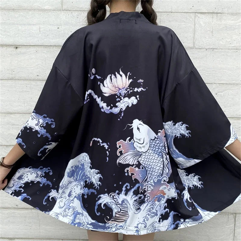 Bebovizi Japanese Style Flaming Phenix Print Cardigan Kimono Harajuku Women Men Sexy Yukata Female Streetwear Traditional Haori - Dhavinci