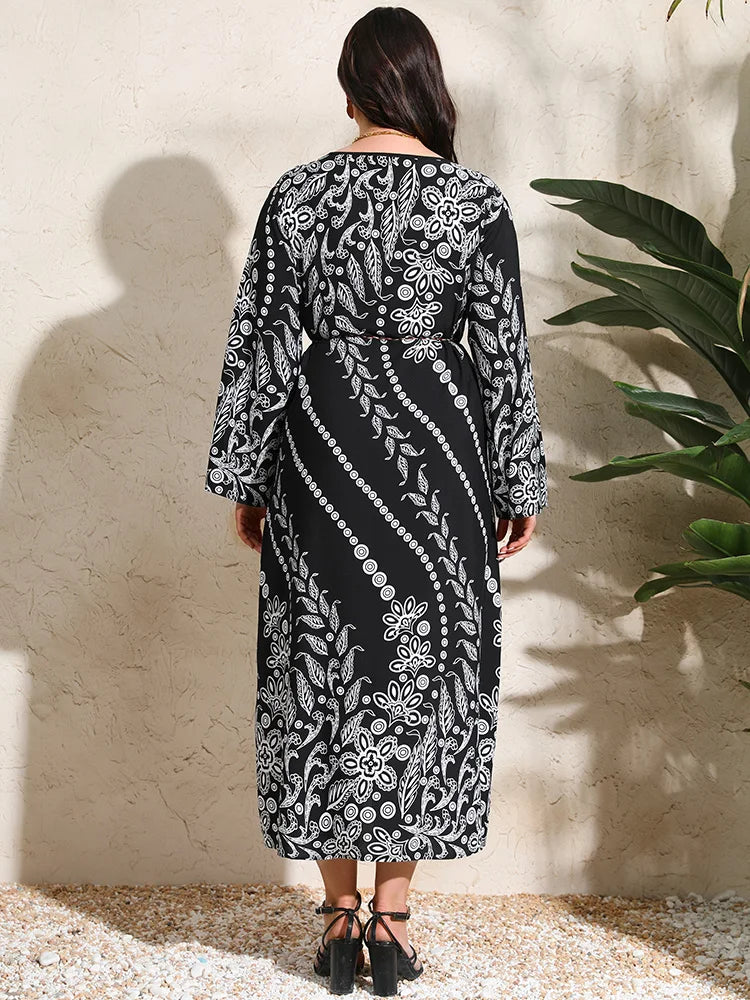 GIBSIE Plus Size Women Holiday Ethnic Print Long Sleeve Dress With Belt Female Casual Loose A-line Boho Long Dresses 2024 Spring - Dhavinci