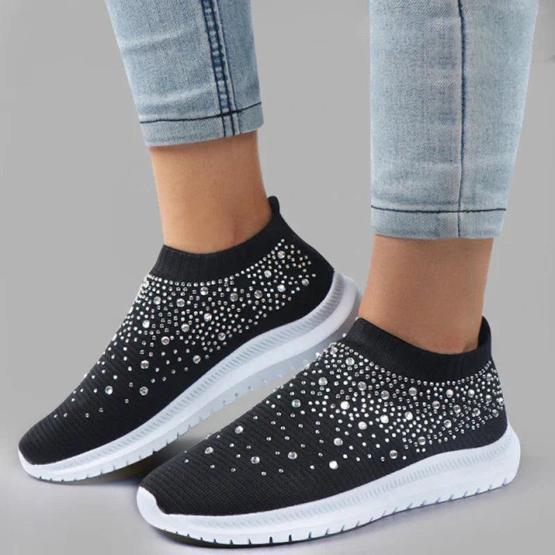 Shining Crystal Flats for Women | Breathable Knit Platform Sneakers - Dhavinci