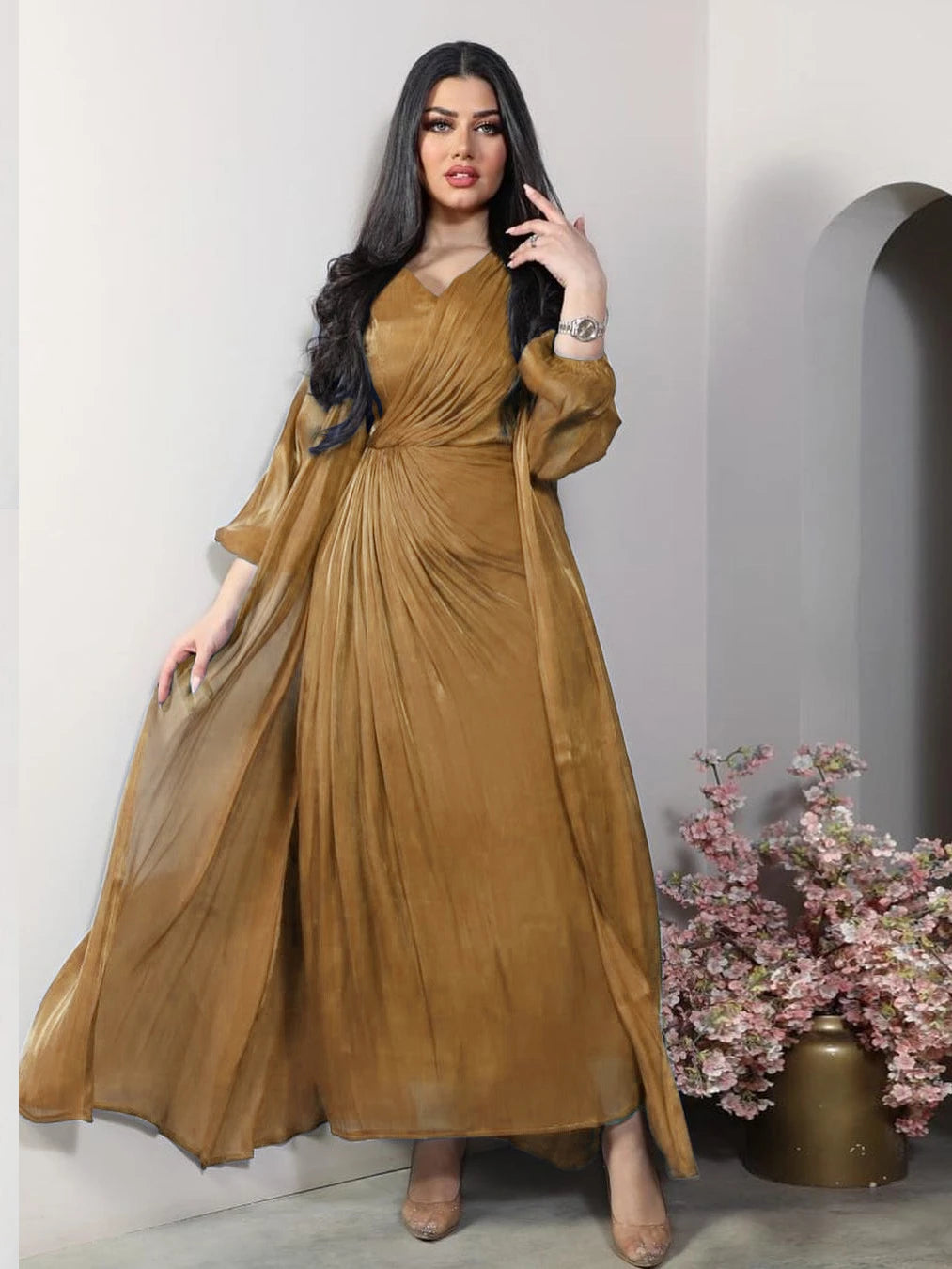 Morocco Party Dress 2 Piece Set | Silky Satin Eid Caftan Abaya - Dhavinci