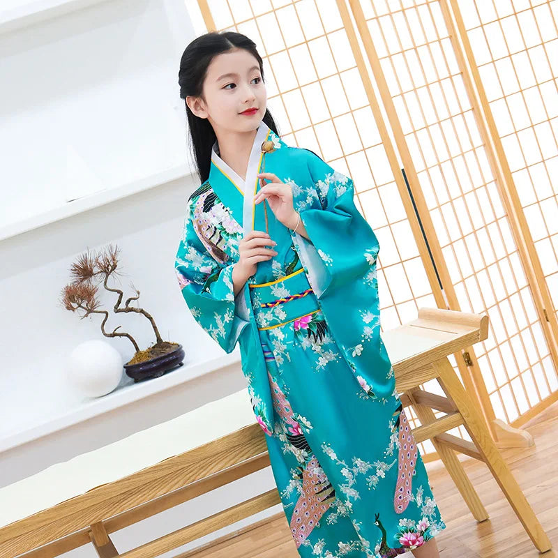 Classic Traditional Girls Kimono Gown Yukata with Obitage Japanese Bathrobe Print Flower Satin Cosplay Performance Clothing - Dhavinci