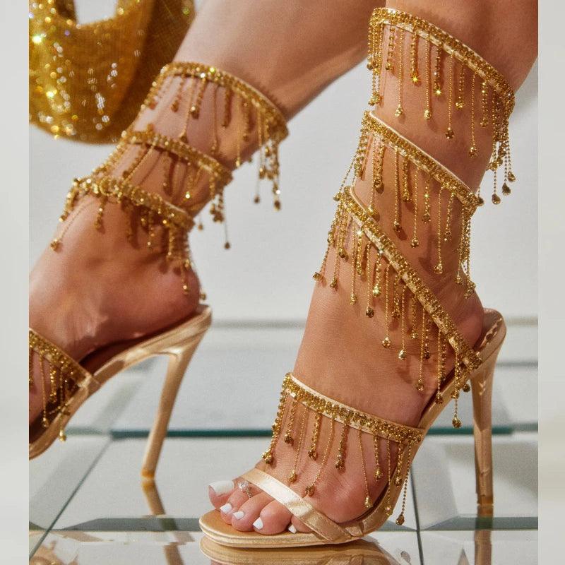 Aneikeh 2024 Sexy Rhinestone Ankle Strap High Heels | Summer Open Toe Sandals - Dhavinci