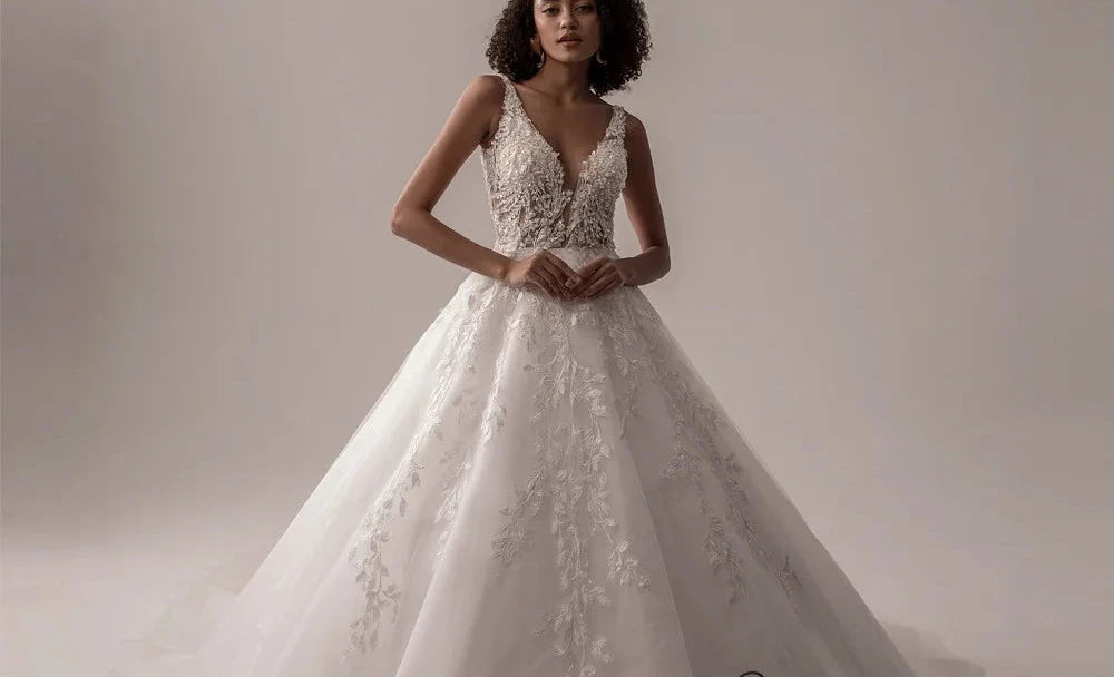 V-Neck Sleeveless Wedding Dress for Women | A-Line Lace Bridal Gown - Dhavinci