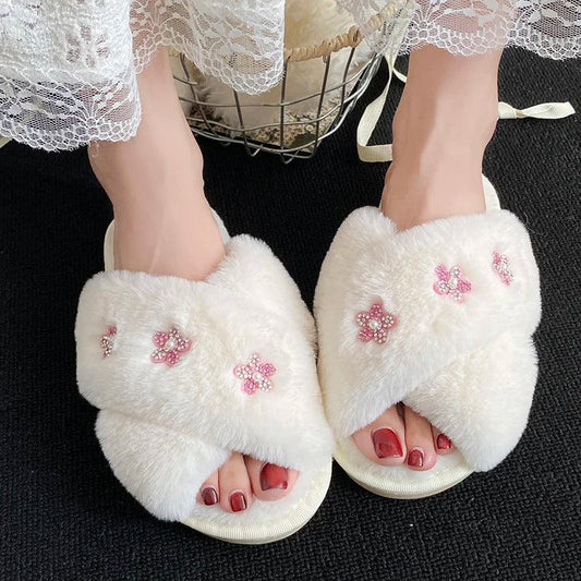 Fashion Flower Fluffy Slippers for Women | Peep Toe Faux Fur Slides - Dhavinci