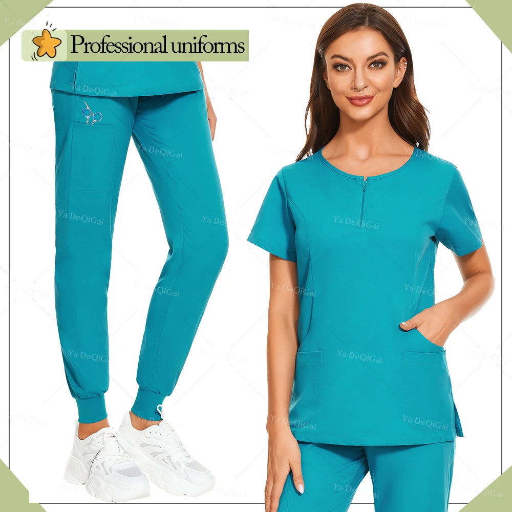 New Medical Surgical Uniforms Woman Scrub Set Beauty Salon Workwear Clinical Scrubs Top Pocket Pants Vet Doctor Zip Nursing Suit - Dhavinci