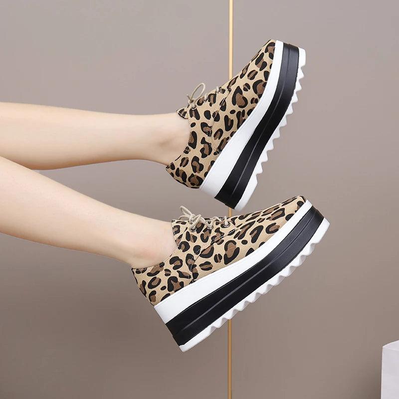 Leopard Print Platform Sneakers for Women | Chunky Bottom Lace-Up Shoes - Dhavinci