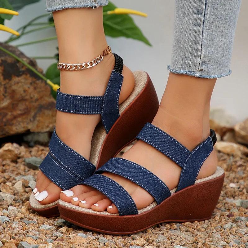 Fashion Denim High Heel Sandals for Women - Platform Wedge Summer Shoes - Dhavinci