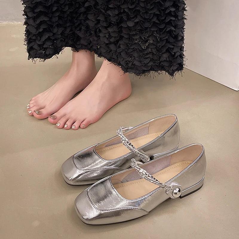 Leather Low Heels Pumps for Women | Square Toe Crystal Chain Mary Jane Shoes - Dhavinci