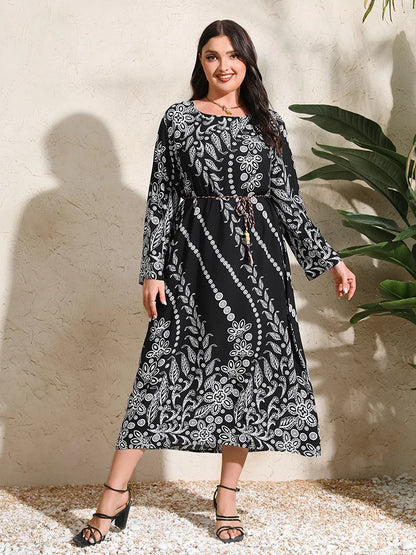 GIBSIE Plus Size Women Holiday Ethnic Print Long Sleeve Dress With Belt Female Casual Loose A-line Boho Long Dresses 2024 Spring - Dhavinci