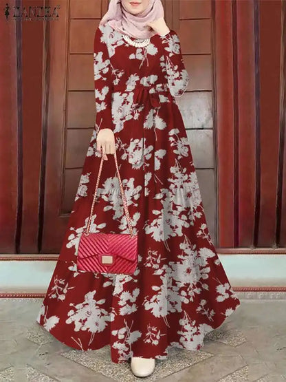 Spring Floral Muslim Dress | Long Sleeve Ramadan Maxi Kaftan Robe - Dhavinci