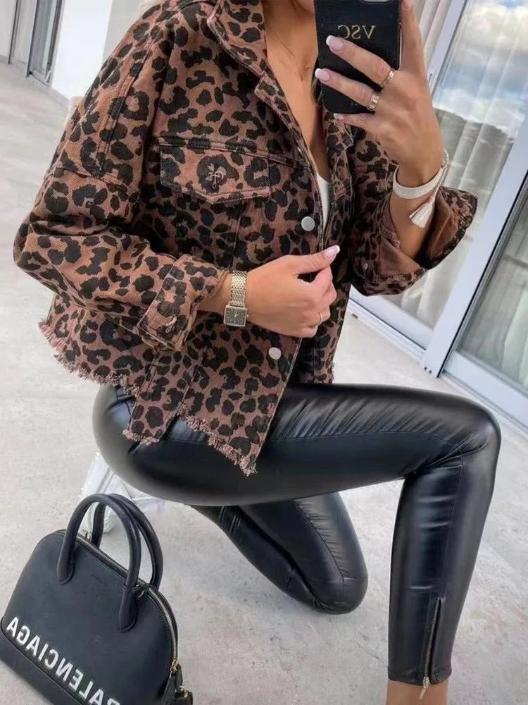 New Loose Leopard Denim Jacket Women Shirt Style Jeancoat Spring Autumn Female Casual Top Street Outerwear Lady Student Jacket - Dhavinci