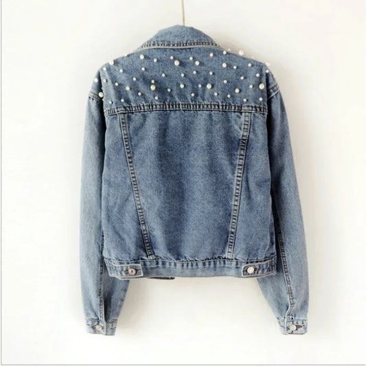 Trendy Women's Beaded Pearl Denim Jacket | Loose Fit for Spring - Dhavinci