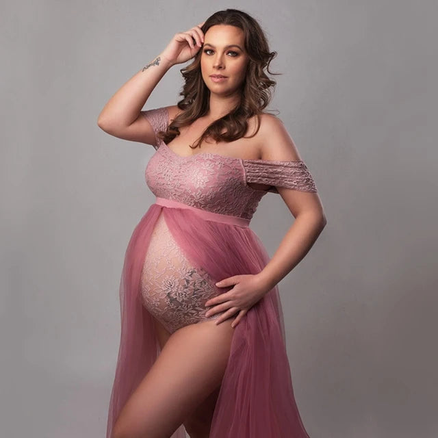 Maternity Photography Dresses Pregnancy Lace Bodysuit  Tulle Long Sides Slit With Flying Dress Pregnant Woman Photo Shoot Outfit - Dhavinci