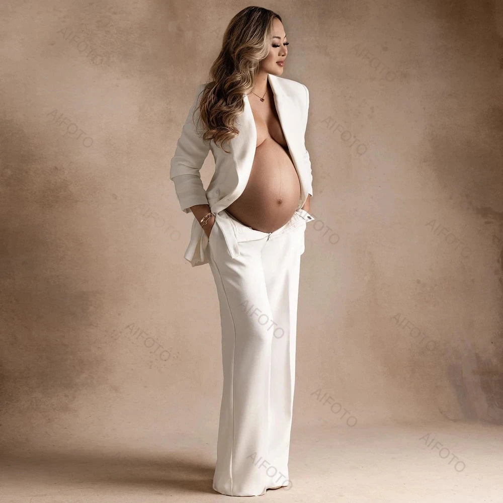 White OL Suit Maternity Photoshoot Outfit Suit Lace Up Long Sleeve Blazer Clothes Chic Chest Chain For Pregnant Women Photograph - Dhavinci