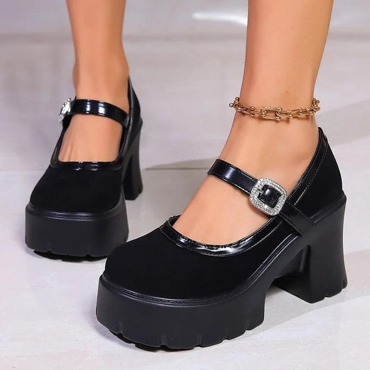 Crystal Buckle Mary Janes for Women | Black Round Toe Platform Pumps - Dhavinci