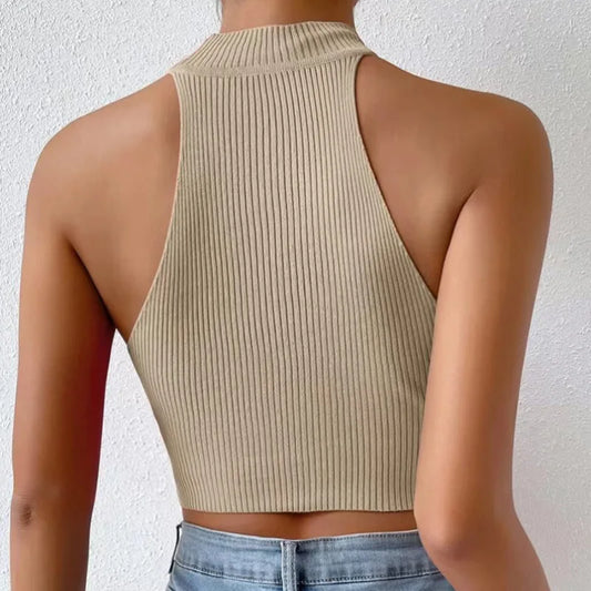 Knit Sleeveless Halter Top for Women | Slim Fit Ribbed Turtleneck - Dhavinci