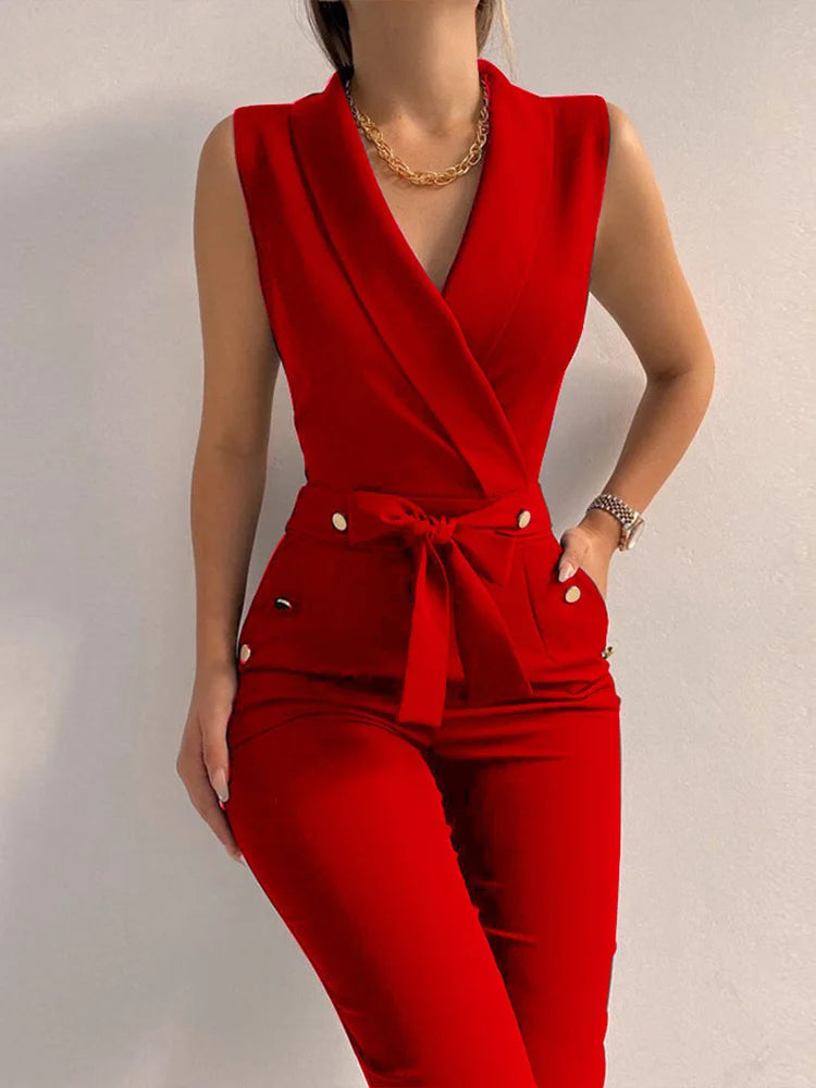 Casual V-Neck Jumpsuit for Women | Sleeveless, Lace-Up, Wide Leg - Dhavinci