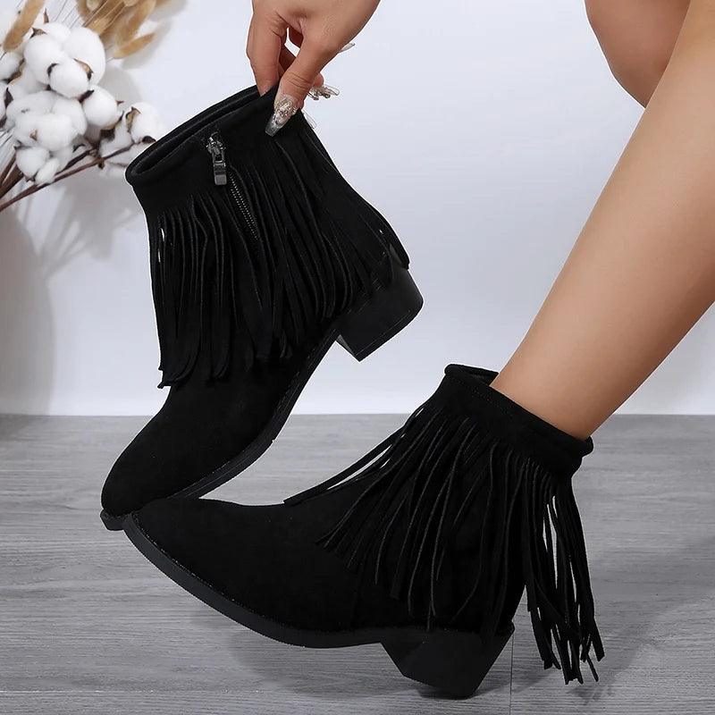 Vintage Fringe Western Cowboy Boots for Women | Faux Suede Ankle Boots - Dhavinci