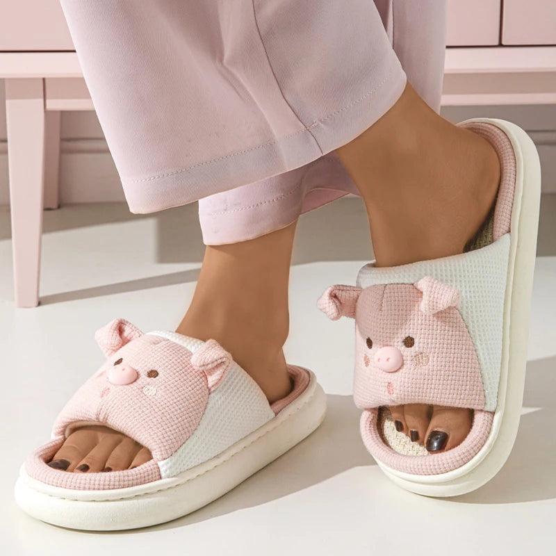 Cartoon Pig Hemp Slippers for Women | Soft Sole Non-Slip Indoor Shoes - Dhavinci