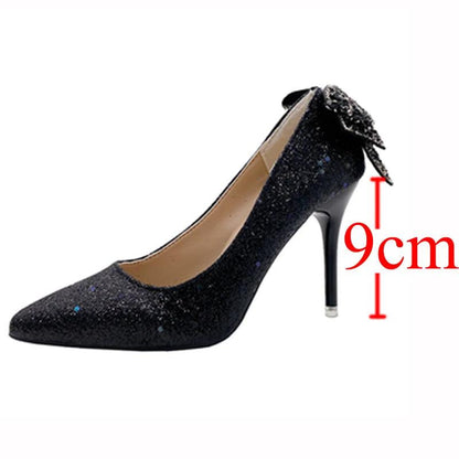 Shiny Bowknot Thin Heels Pumps for Women | Glitter Crystal Party Shoes - Dhavinci