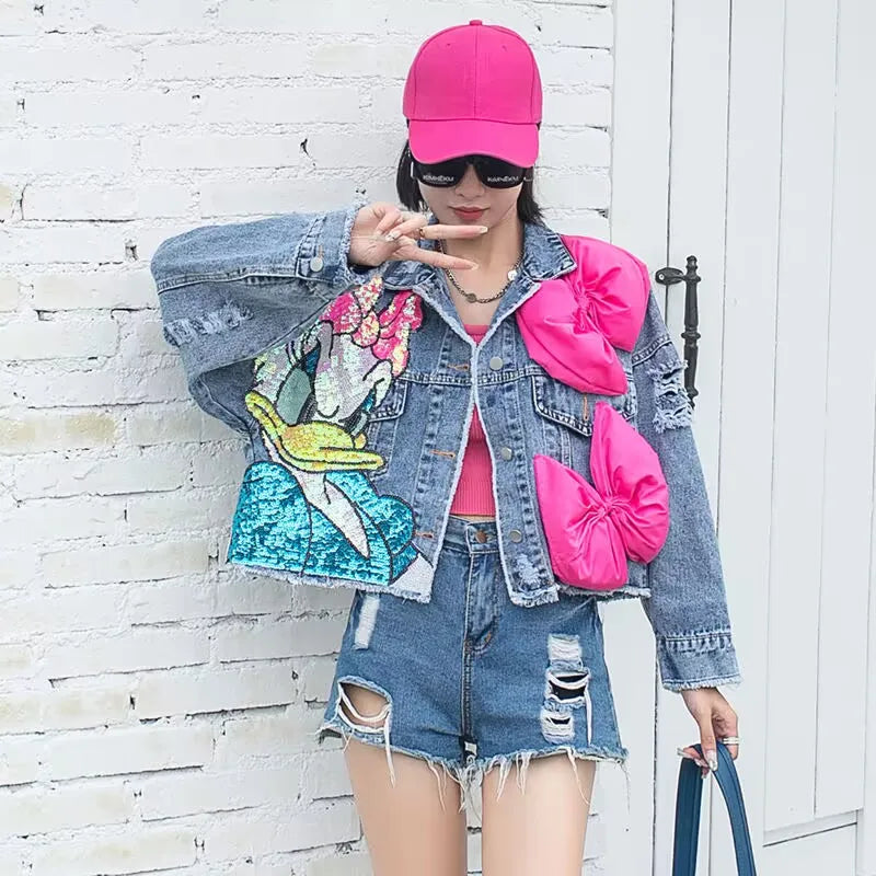 Cartoon Sticker Denim Jacket | Women’s Embroidered Sequin Coat - Dhavinci